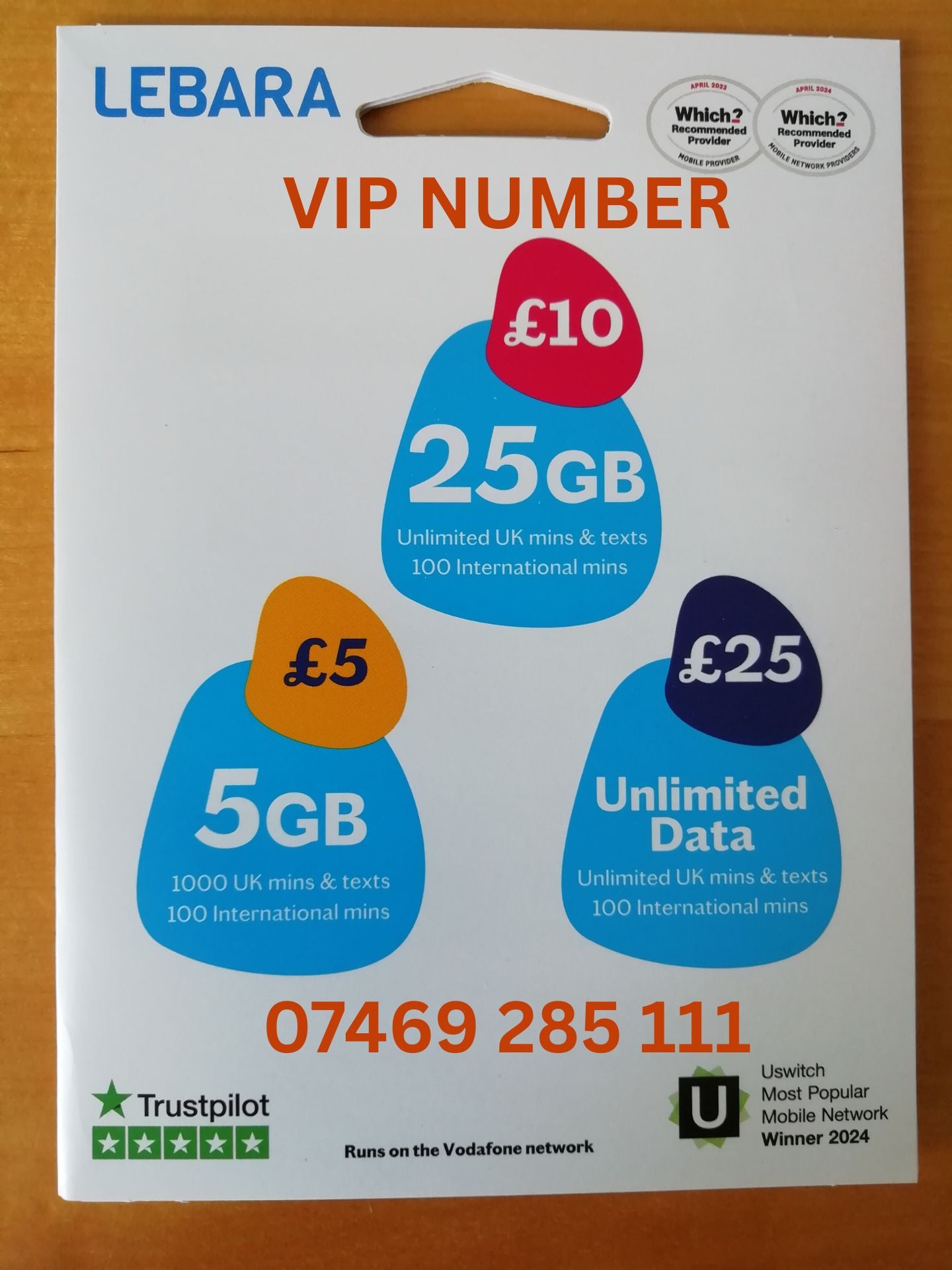 Lebara sim card with VIP Memorable Mobile Number 07469 285 111 with zero credit which once topped up can be ported to other providers