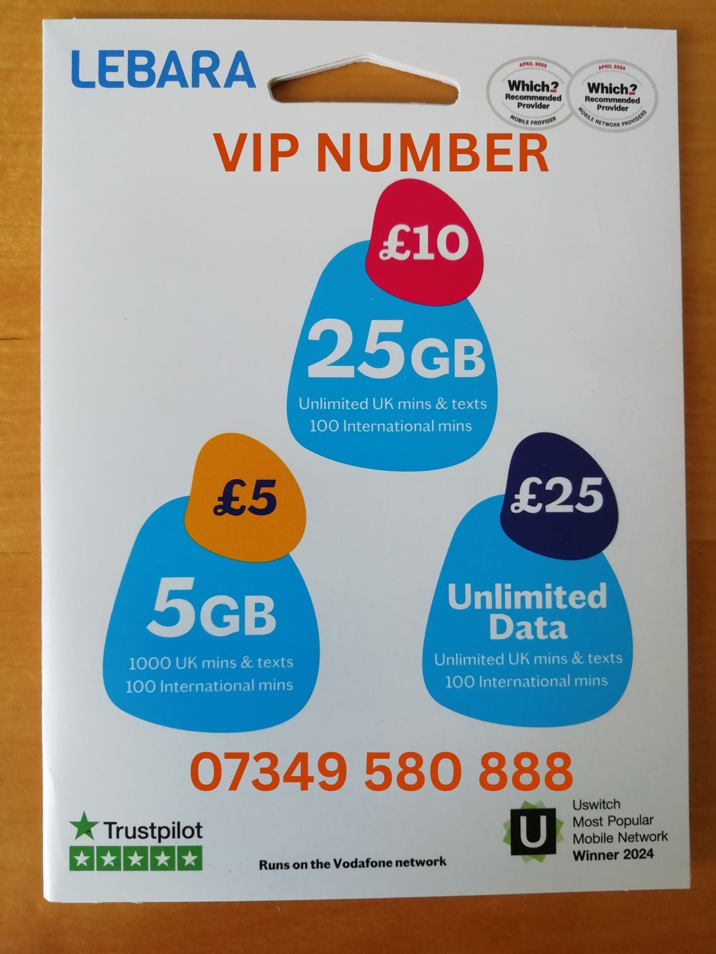 Lebara sim card with VIP Memorable Mobile Number 07349 580 888 with zero credit which once topped up can be ported to other providers