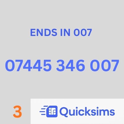 Network Three sim card with VIP Memorable Mobile Number 07445 346 007 JAMES BOND ASTON MARTIN with zero credit which once topped up can be ported to other providers