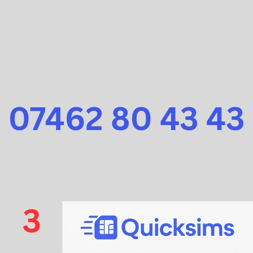 Network Three sim card with VIP Memorable Mobile Number 07462 80 43 43 with zero credit which once topped up can be ported to other providers