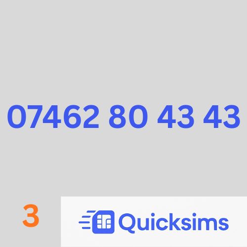 07462 80 43 43 Easy Memorable Gold VIP Number Sim Card UK Pay As You Go Network Three Mobile ZERO CREDIT Quicksims
