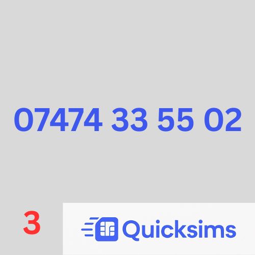 Network Three sim card with VIP Memorable Mobile Number 07474 33 55 02 with zero credit which once topped up can be ported to other providers