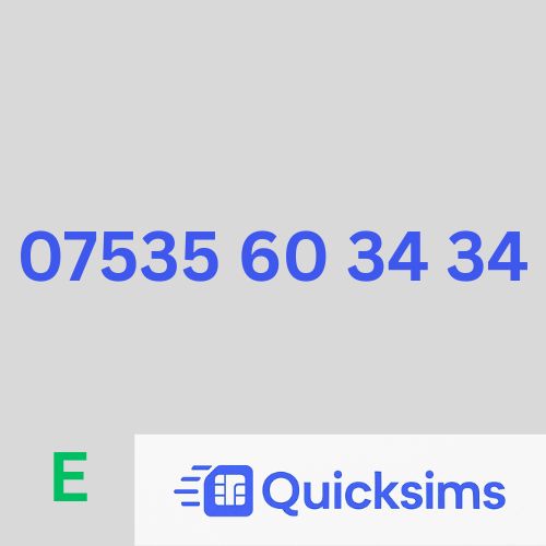 EE sim card with VIP Memorable Mobile Number 07535 60 34 34 with zero credit which once topped up can be ported to other providers
