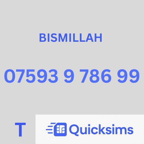 Tesco sim card with VIP Memorable Mobile Number 07593 9 786 99 BISMILLAH with zero credit which once topped up can be ported to other providers