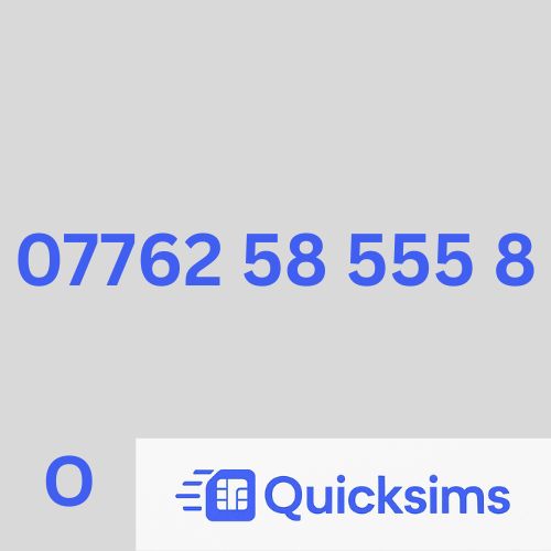 O2 sim card with VIP Memorable Mobile Number 07762 58 555 8 with zero credit which once topped up can be ported to other providers