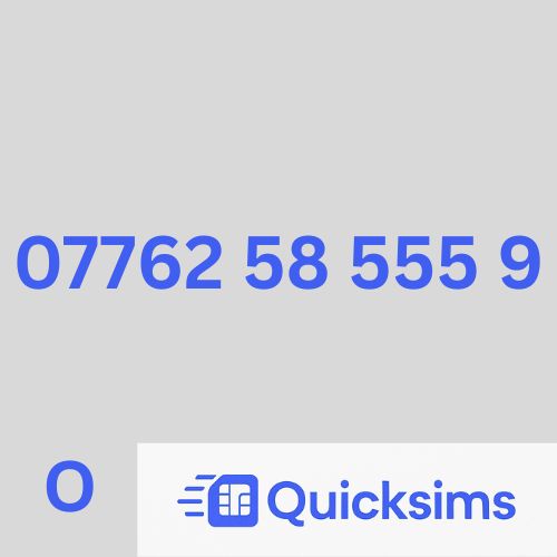 O2 sim card with VIP Memorable Mobile Number 07762 58 555 9 with zero credit which once topped up can be ported to other providers