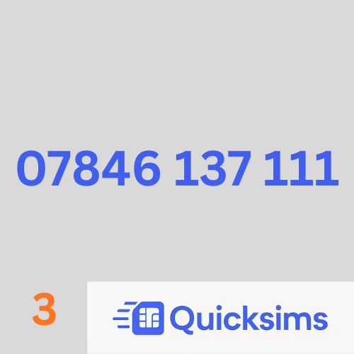 07846 137 111 Easy Memorable Gold VIP Number Sim Card UK Pay As You Go Network Three Mobile ZERO CREDIT Quicksims
