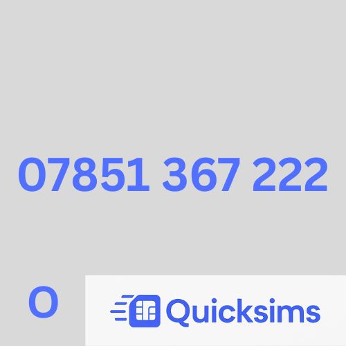 O2 sim card with VIP Memorable Mobile Number 07851 367 222 with zero credit which once topped up can be ported to other providers