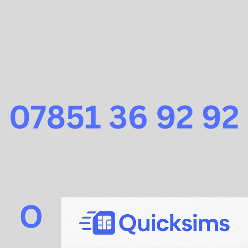 O2 sim card with VIP Memorable Mobile Number 07851 36 92 92 with zero credit which once topped up can be ported to other providers