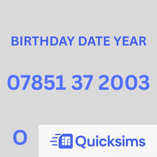 O2 sim card with VIP Memorable Mobile Number 07851 37 2003 BIRTHDAY DATE YEAR with zero credit which once topped up can be ported to other providers