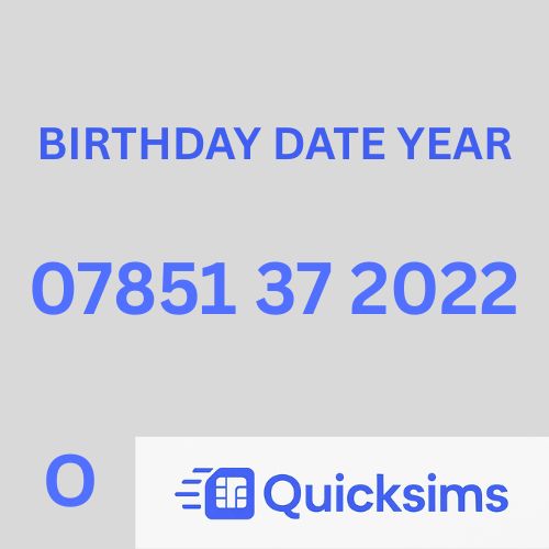 O2 sim card with VIP Memorable Mobile Number 07851 37 2022 BIRTHDAY DATE YEAR with zero credit which once topped up can be ported to other providers