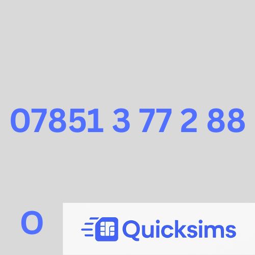 O2 sim card with VIP Memorable Mobile Number 07851 3 77 2 88 with zero credit which once topped up can be ported to other providers