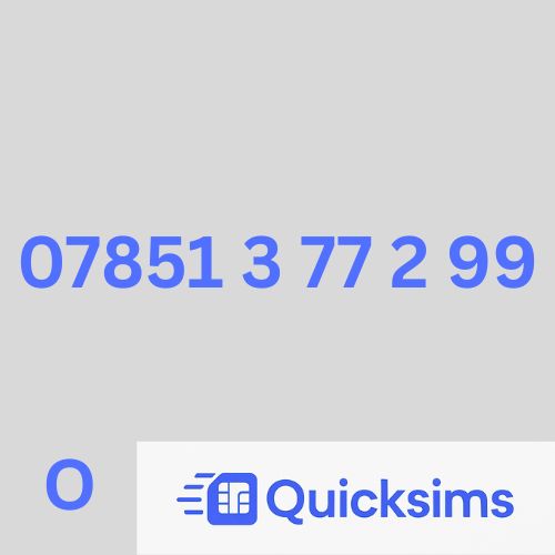 O2 sim card with VIP Memorable Mobile Number 07851 3 77 2 99 with zero credit which once topped up can be ported to other providers