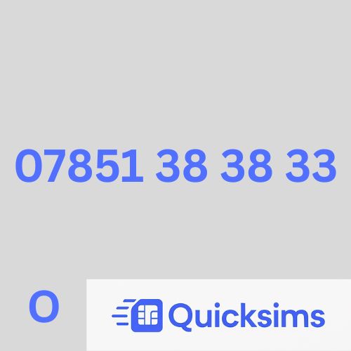 O2 sim card with VIP Memorable Mobile Number 07851 38 38 33 with zero credit which once topped up can be ported to other providers