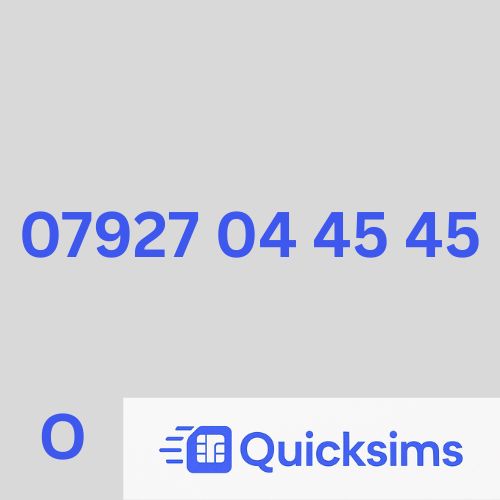 O2 sim card with VIP Memorable Mobile Number 07927 04 45 45 with zero credit which once topped up can be ported to other providers