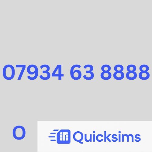 O2 sim card with VIP Memorable Mobile Number  07934 63 8888 with zero credit which once topped up can be ported to other providers