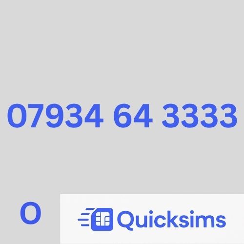 O2 sim card with VIP Memorable Mobile Number  07934 64 3333 with zero credit which once topped up can be ported to other providers
