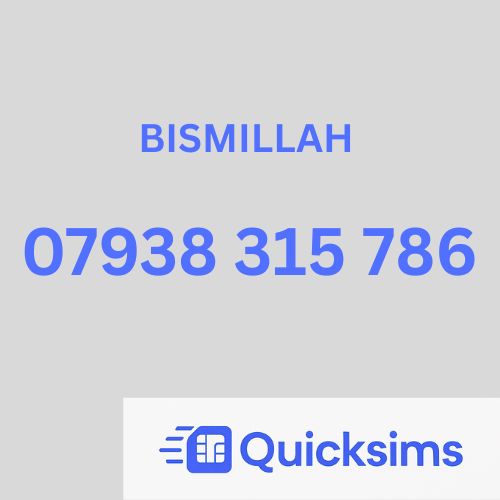 O2 sim card with VIP Memorable Mobile Number  07938 315 786 BISMILLAH with zero credit which once topped up can be ported to other providers